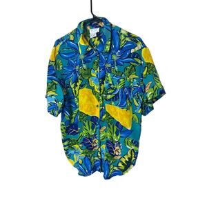 TESS‎ Shirt Womens Size L Teal Multi Tropical Silk Short Sleeve Vintage Hawaiian